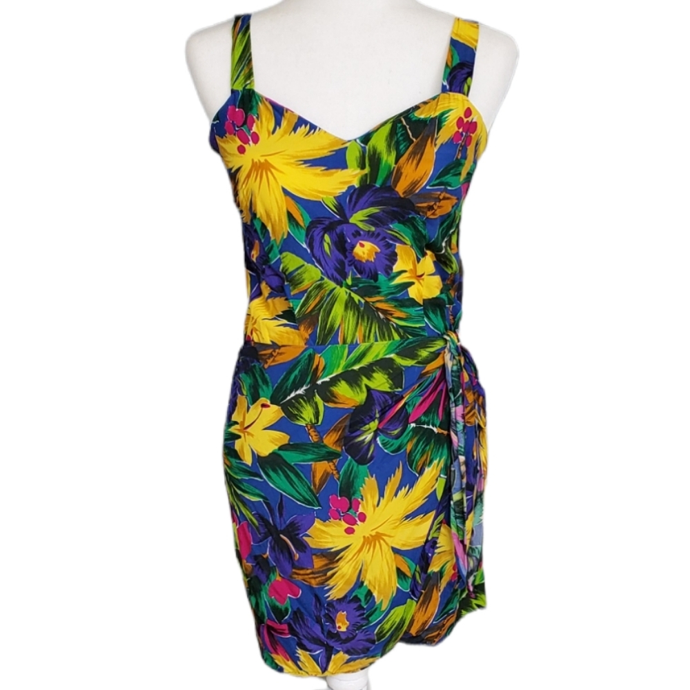 Vintage Tropical Floral Hawaiian Wrap Skirt Dress - small